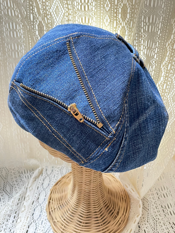 ●rejser blå デニムリメイクベレー帽 （ぽっこりタイプ）ファスナーデザイン 4枚目の画像