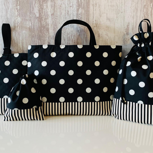入園入学3点セット　【黒ハートヌビ×ダルメシアン】　女の子　レッスンバッグ 入園入学＊ドットとストライプの4点セット＊女の子＊ブラック