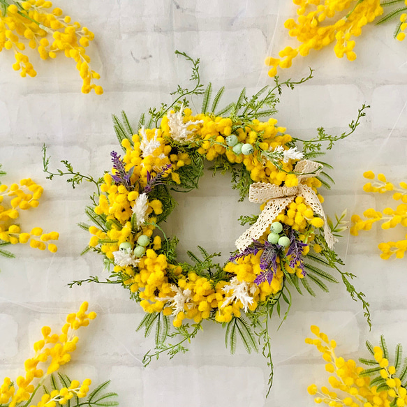 ミモザ&ラベンダーリース 、春リース、造花、母の日、ミモザリース、23