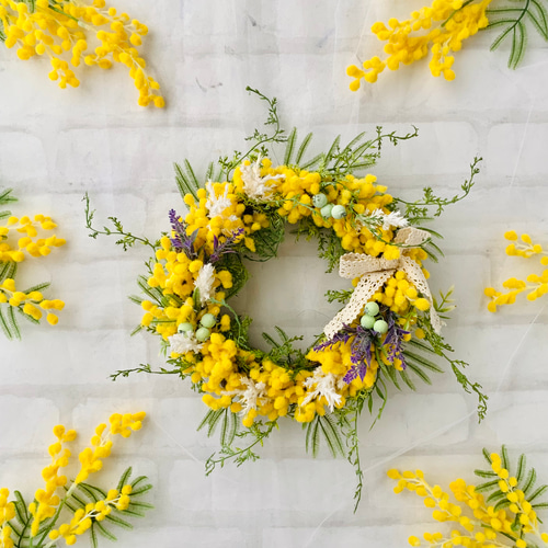 ミモザ&ラベンダーリース 、春リース、造花、母の日、ミモザリース、23