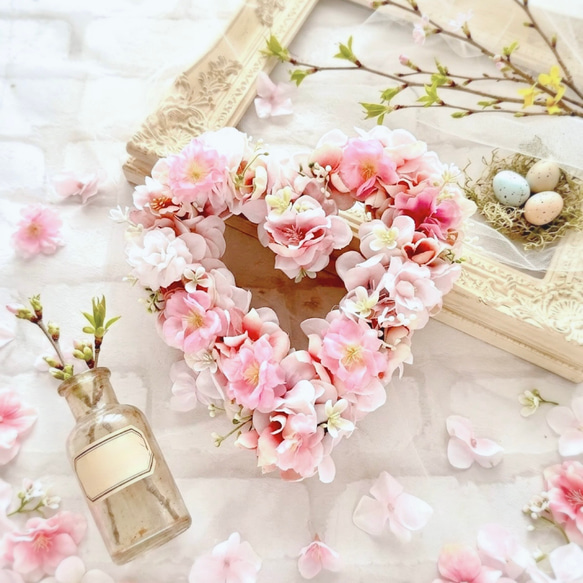 セーラーMIHO2点♡桜ピンク＆赤カーネーション ハートフルフラワーリース 桜、ハートリース 、春リース、桜リース、造花、ピンク、可愛い、桜