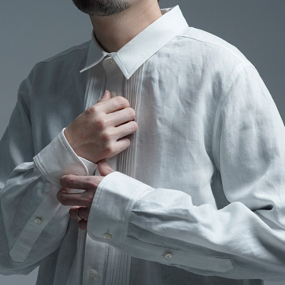 [訂製] [wafu] 亞麻襯衫 超高密度亞麻細褶襯衫 / 白色 t032k-wt1 第7張的照片