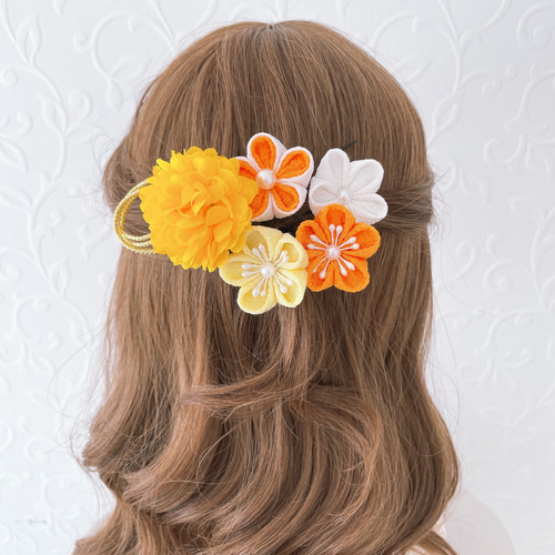 つまみ細工の髪飾り【オレンジ 黄色 お花のセット】成人式 振袖