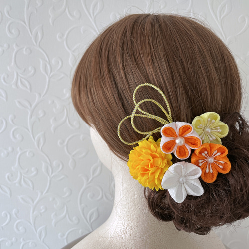 つまみ細工の髪飾り【オレンジ 黄色 お花のセット】成人式 振袖