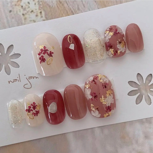ルビーレッドのお花柄ネイル〜成人式 ブライダル ウェディング ネイル