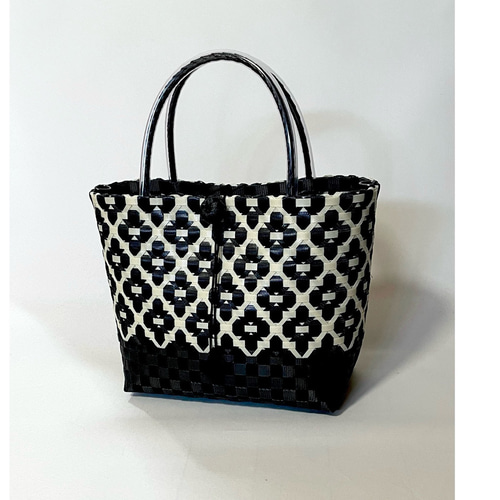 ppバンドの かごバッグ ～Mサイズ～ 大人可愛い花柄 黒ベージュ エコ