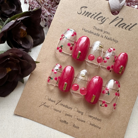 7》さくらんぼ 果物ネイル 量産型 地雷 ネイルチップ ピンク フルーツ  