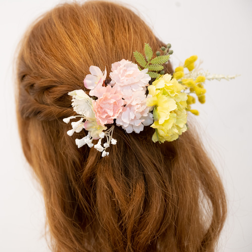 卒業式袴髪飾り ハーフアップU】桜（さくら）ミモザ・カスミソウの  
