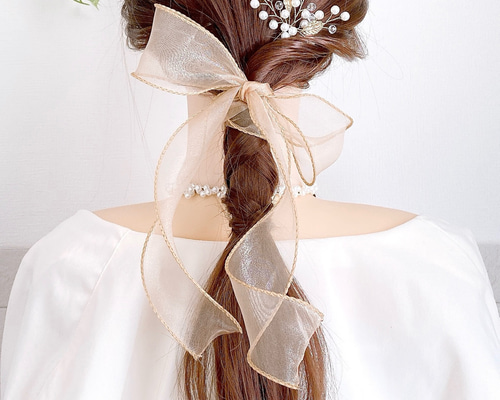 ♥️700【オレンジブラウン】シアーリボン ポニーフック オーガンジー