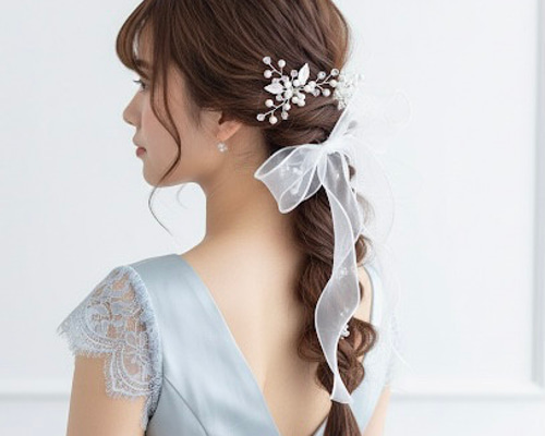 ホワイト】シアーリボン ポニーフック オーガンジーリボン りぼん ヘア