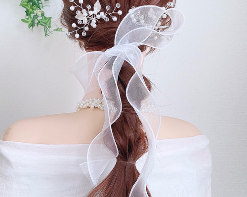 ホワイト】シアーリボン ポニーフック オーガンジーリボン りぼん ヘア
