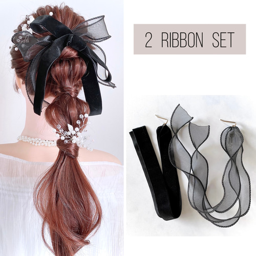 ♥️150【ブラック】シアーリボン ポニーフック オーガンジーリボン