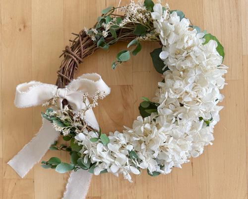 ドライフラワーリース ハンドメイド フラワーリース＊紫陽花リース  薔薇 ③専用 三日月あじさいのおうちリース【プリザーブド ＆ドライフラワー