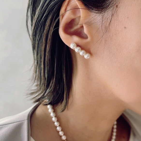 4連 ライン パールピアス イヤリング ∕ シンプル 上品 2way 国産貝
