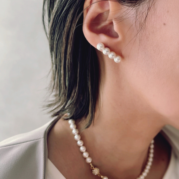 4連 ライン パールピアス イヤリング ∕ シンプル 上品 2way 国産貝パール 11枚目の画像