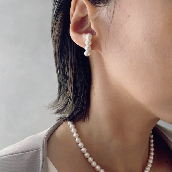 4連 ライン パールピアス イヤリング ∕ シンプル 上品 2way 国産貝パール 2枚目の画像
