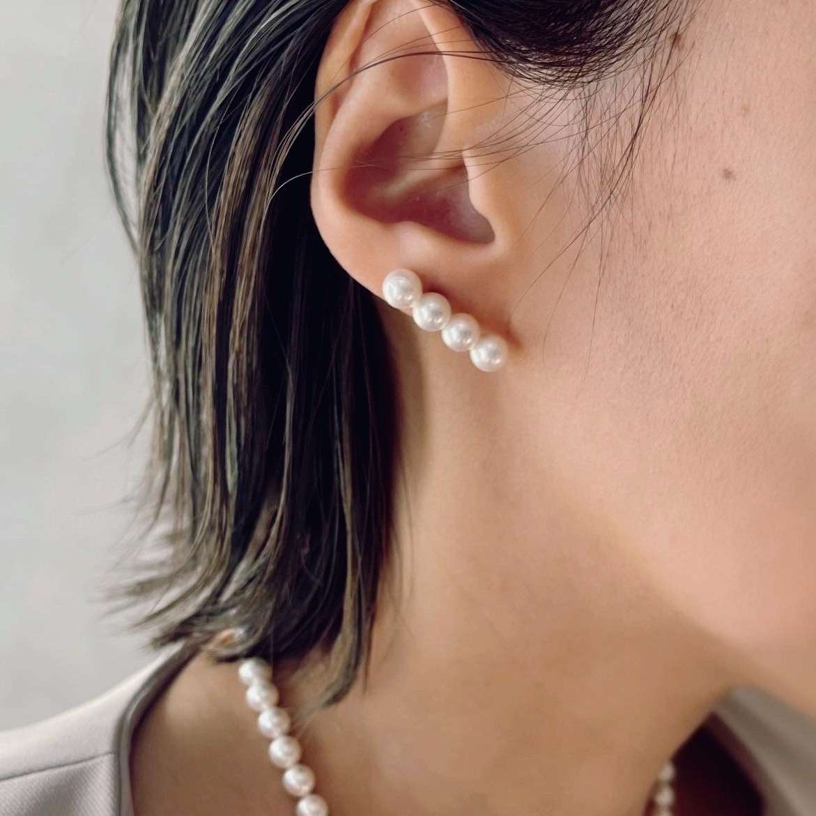 フォーマル 4連ライン パールピアス イヤリング ∕ シンプル 上品 2way 国産貝パール
