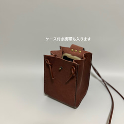 再販　姫路レザー巾着ポシェット◆焦げ茶　スマホポシェット　スマホショルダー　サコッシュ　ショルダーバック　巾着袋 2枚目の画像