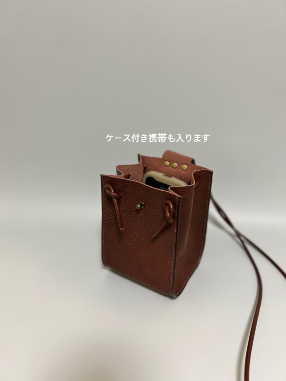 再販　姫路レザー巾着ポシェット◆焦げ茶　スマホポシェット　スマホショルダー　サコッシュ　ショルダーバック　巾着袋 2枚目の画像