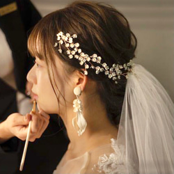 小花 カチューシャ 花嫁 小枝 ゴールド リーフ 結婚式