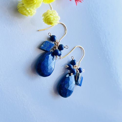 14kgf ラピスラズリ ペアシェイプ ブリオレットカットと小粒ラピスの  