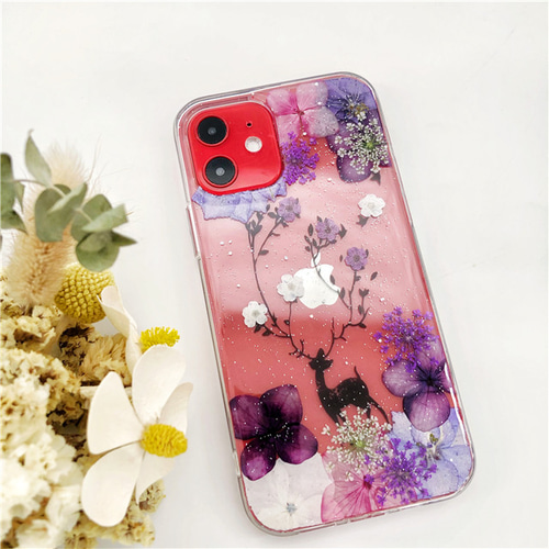 鹿、紫陽花、押し花スマホケース、全機種対応、iFace風、手帳型