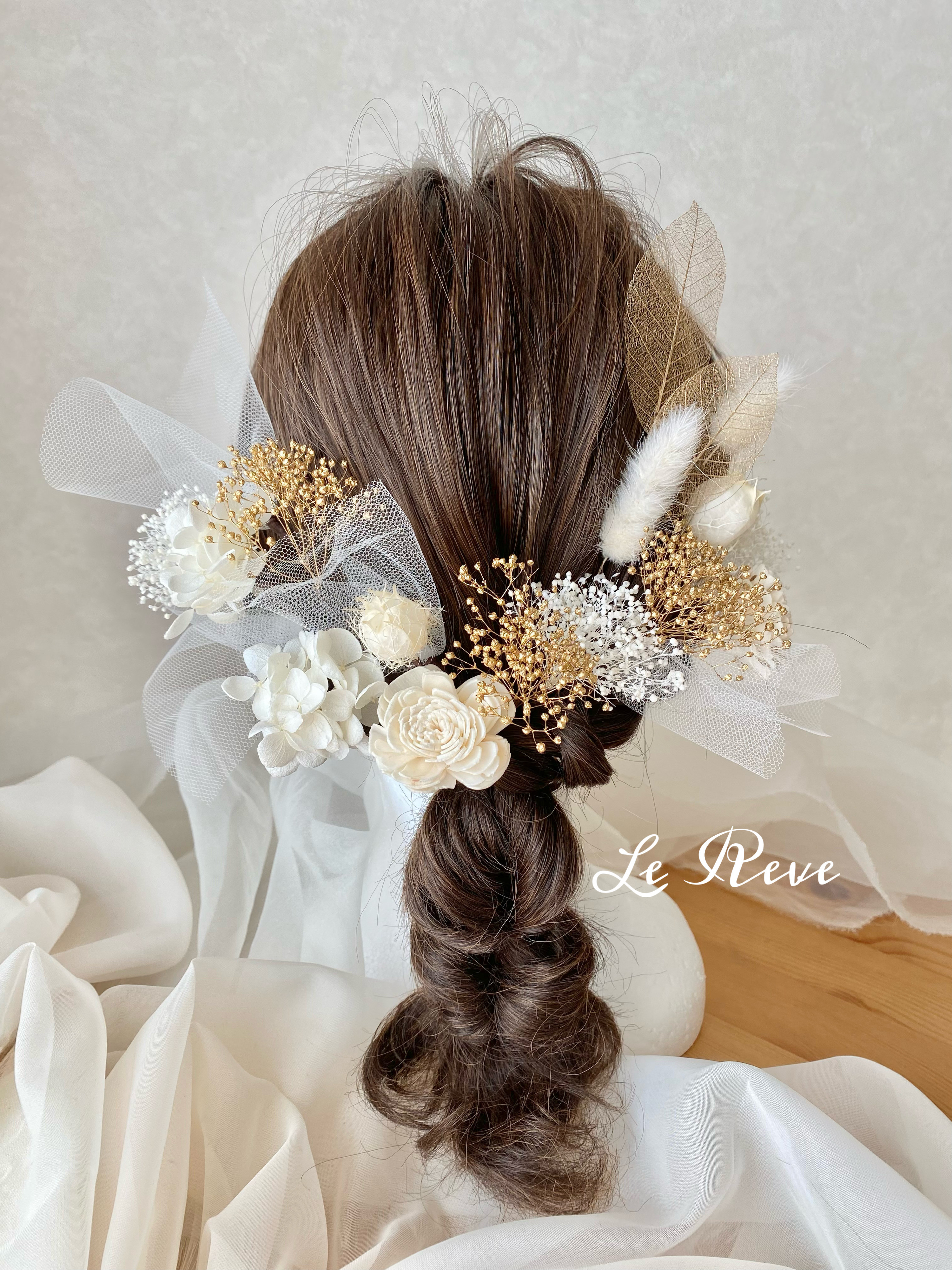 ホワイトチュール　ドライフラワー髪飾り　成人式　卒業式　七五三　振袖　袴　チュール　成人式髪飾り　卒業式髪飾り　白