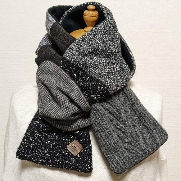 ♪再販♪黒系ウールのパッチワークマフラー♪メンズにも マフラー まい