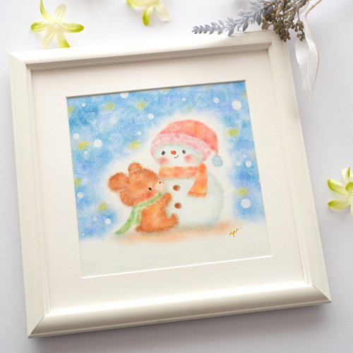 原画】「くまさんと雪だるまさん」 クリスマス 冬 パステルアート 動物 