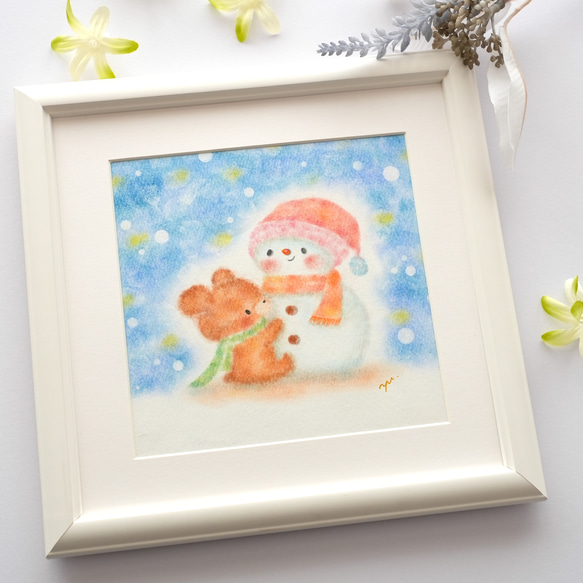 【原画】「くまさんと雪だるまさん」　クリスマス　冬　パステルアート　動物　イラスト 1枚目の画像