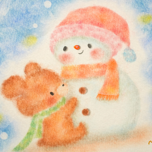 【原画】「くまさんと雪だるまさん」　クリスマス　冬　パステルアート　動物　イラスト 9枚目の画像