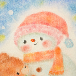【原画】「くまさんと雪だるまさん」　クリスマス　冬　パステルアート　動物　イラスト 4枚目の画像