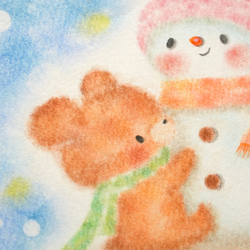 【原画】「くまさんと雪だるまさん」　クリスマス　冬　パステルアート　動物　イラスト 3枚目の画像