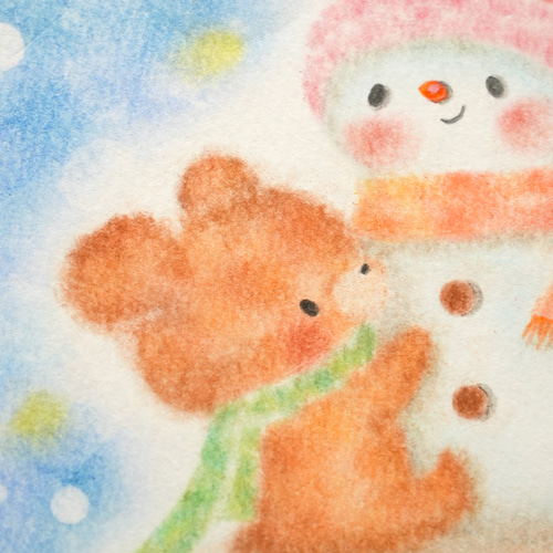 原画】「くまさんと雪だるまさん」 クリスマス 冬 パステルアート 動物 