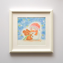 【原画】「くまさんと雪だるまさん」　クリスマス　冬　パステルアート　動物　イラスト 6枚目の画像