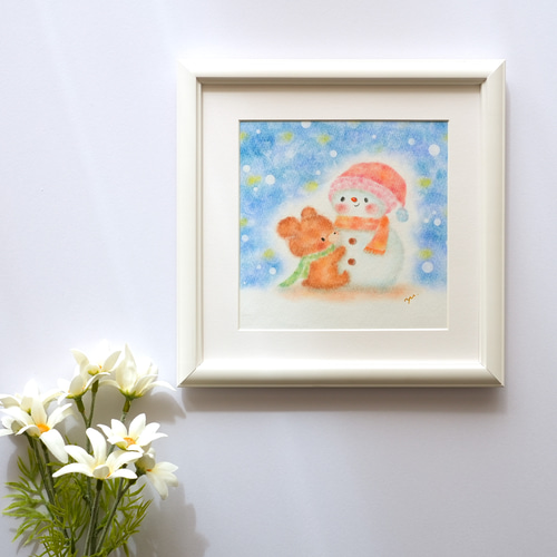 原画】「くまさんと雪だるまさん」 クリスマス 冬 パステル