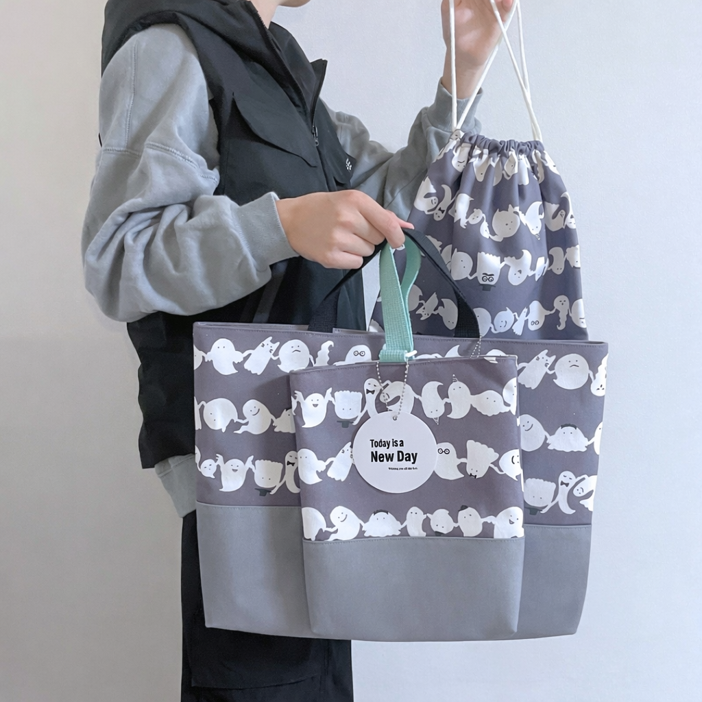 【入園グッズ】サイズオーダー可能◎入園入学セット販売♪おばけ柄のレッスンバッグ＆上履き入れ＆巾着袋3点セット