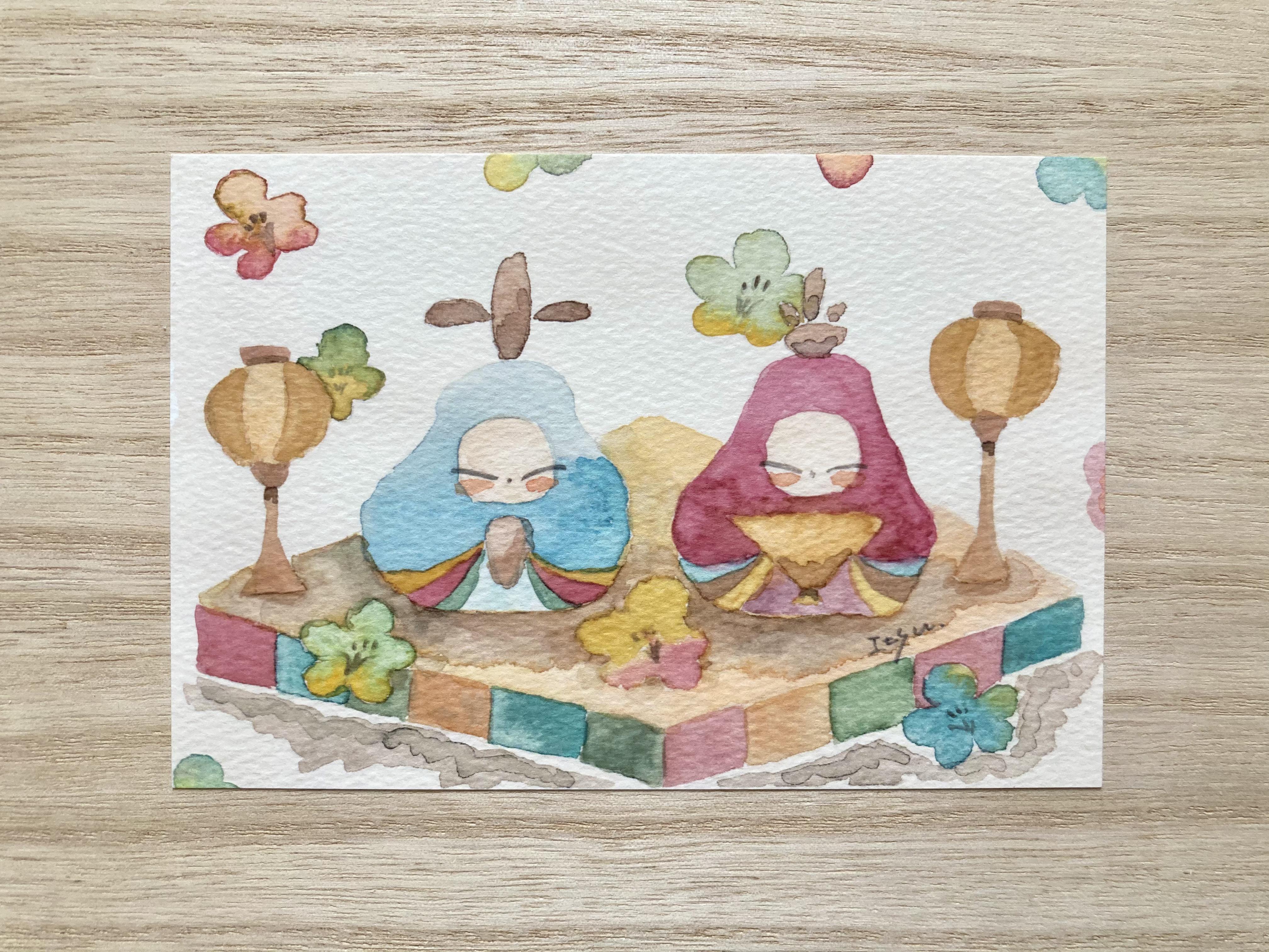 絵　おひなさま 3枚セット「和風お雛様」水彩画イラストポストカード おひな様