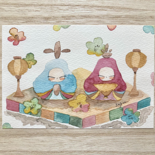 3枚セット「和風お雛様」水彩画イラストポストカード おひな様