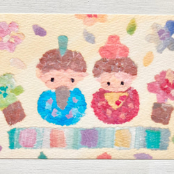3枚セット「お雛様(ちぎり絵)」水彩画イラストポストカード　おひな様　おひなさま　ひな祭り　桃の節句　初節句　ひな人形 2枚目の画像
