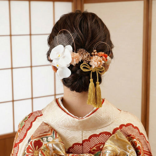 胡蝶蘭ジュリアオレンジ髪飾り 振袖 成人式 袴 白無垢 色打掛 ヘッド