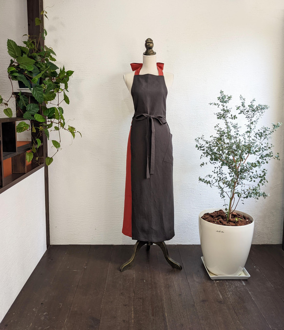 A.Nene アトリエ ネネ エプロンドレス 国産リネン ブラウン×朱 A.Nene✿ エプロンドレス / 国産リネン/ブラウン×朱 エプロン Atelier
