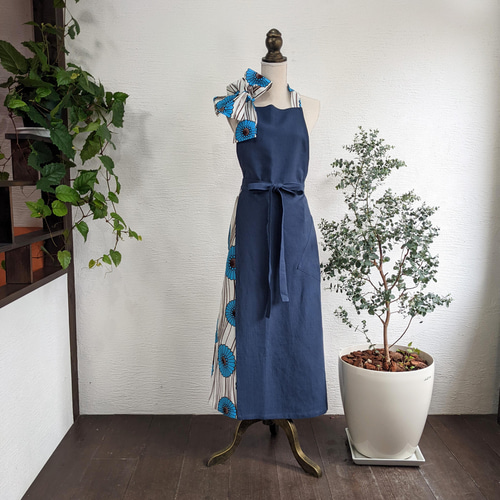 A.Nene✿シアンブルーのお花柄 エプロンドレス / 国産リネン/Navy
