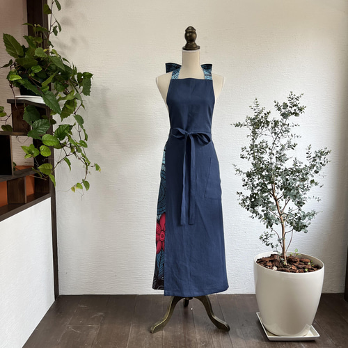 A.Nene✿ガーネットカラーの花柄エプロンドレス / 国産リネン/Navy