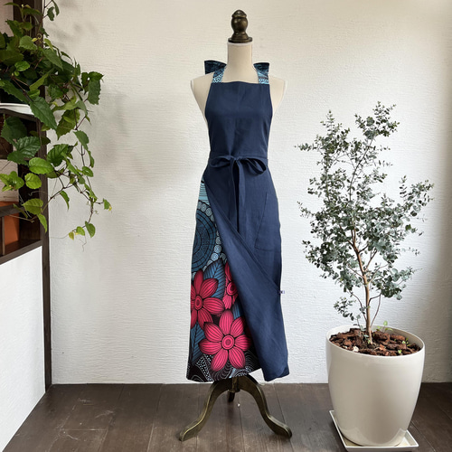 A.Nene✿ガーネットカラーの花柄エプロンドレス / 国産リネン/Navy