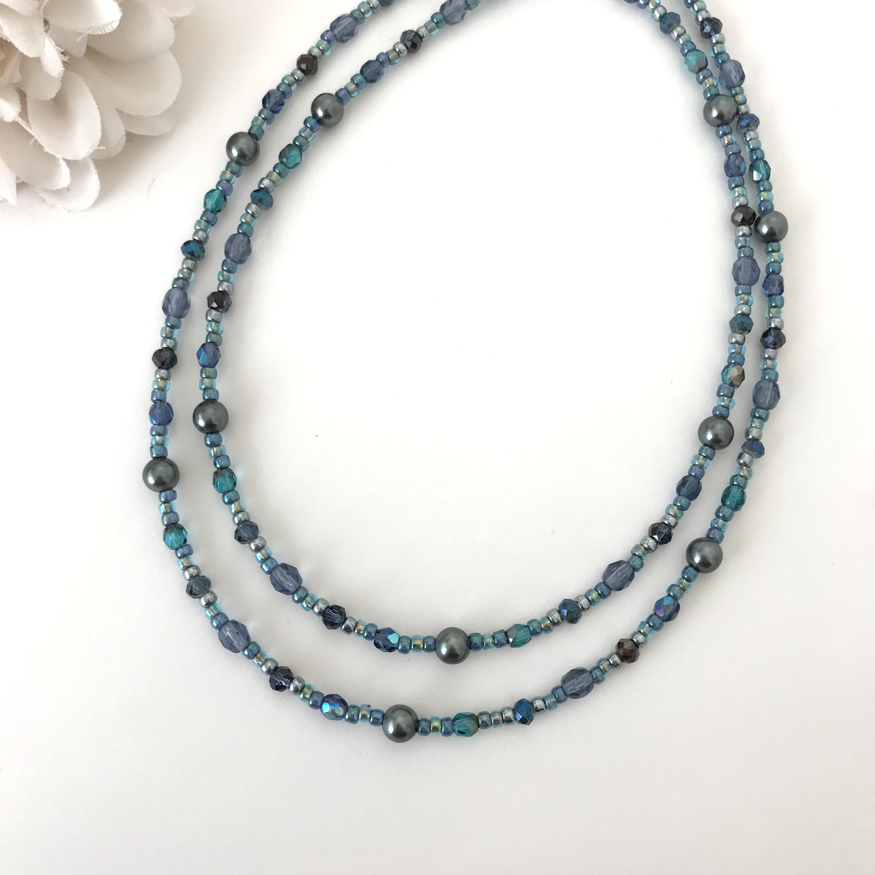 一連 クラシカルロングネックレス ブルー 青 ビーズ ネックレス