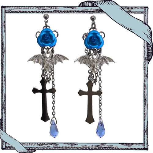 ゴシック・パンク・ゴスロリヴィジュアル系薔薇＆コウモリ＆十字架のピアス/青イヤリング変更可・コスプレなど ピアス（その他）  アクセサリーRose＆Cross 通販 1105811｜Creema(クリーマ)