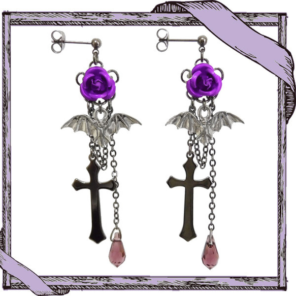ゴシック・パンク・ゴスロリヴィジュアル系薔薇＆コウモリ＆十字架のピアス/紫イヤリング変更可・コスプレなど ピアス（その他）  アクセサリーRose＆Cross 通販 1105813｜Creema(クリーマ)