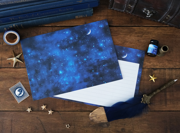 レターセット｜濃藍の夜空と三日月｜便箋・手紙・紙もの｜星空・月