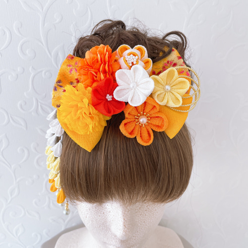 つまみ細工の髪飾り【黄色リボンとお花のセット】成人式 振袖 卒業式